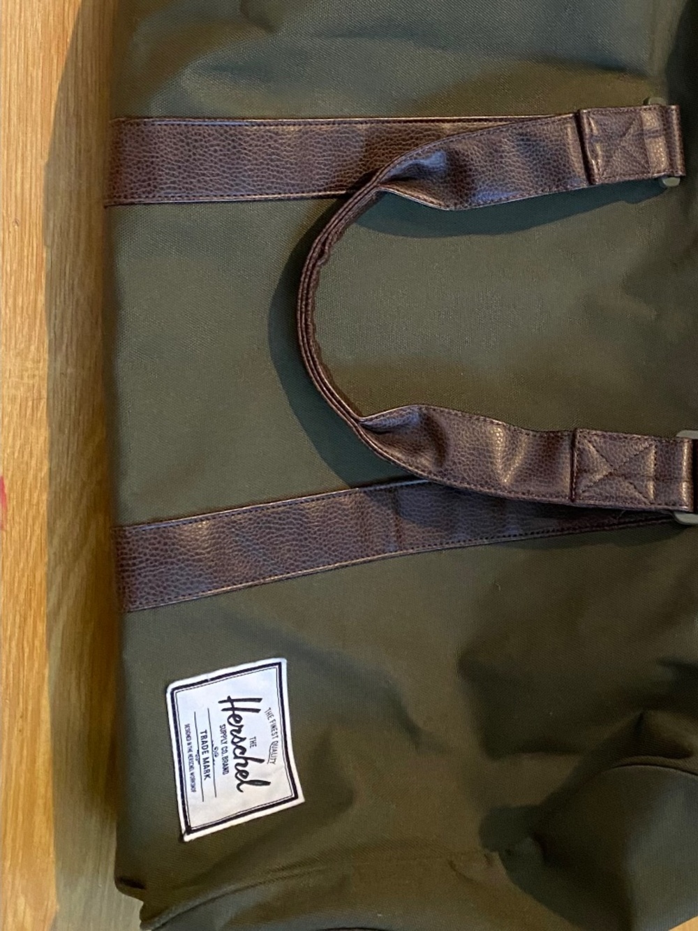 Hershel Novel Duffle Bag, Olive Green, Brown Faux-Leather Handles
